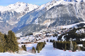 Courchevel ski resort aerial view in winter 