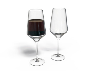 Empty and full transparency red wine glass on white background. Holidays, happy event celebration with alcohol drinks concept.