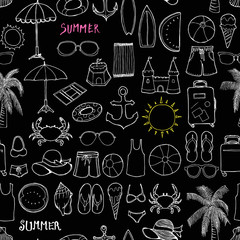 Summer doodle background seamless pattern. Drawing illustration hand drawn vector on chalkboard eps10