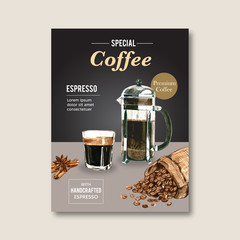 americano ,cappuccino coffee poster discount, template modern design, watercolor illustration