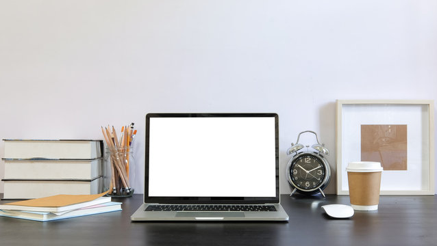 Workspace desk and laptop. copy space and blank screen. Business image, Blank screen laptop and supplies.