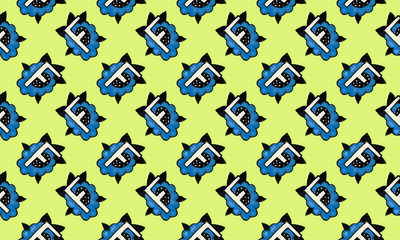 Seamless pattern with hand drawn capital letter F. Alphabet element and flower picture isolated on white background. Kids early education. Typography design