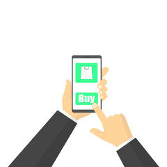 Hand holding smart phone and touch buy botton.