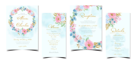 Set of watercolor blue wedding invitation with beautiful floral wreath