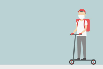Deliveryman in face mask riding on kick scooter. Food delivery poster with copy space. Vector illustration.