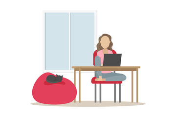 Woman sitting at table and working on laptop. Vector illustration.