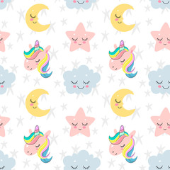 Fototapeta na wymiar Cute seamless pattern with sleeping moon, cloud, star and unicorn dreams