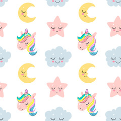Cute seamless pattern with sleeping moon, cloud, star and unicorn dreams