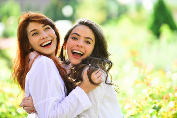 Fototapeta premium Happy girl couple spending time outside together.