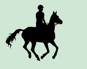 girl rides a horse at a gallop, children's equestrian sport, isolated black silhouette on a green background