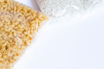 stack of cereal and sugar products on a white background with place for text. Food supplies. Food supplies . Food delivery, Donation