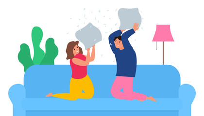 happy couple having fun with pillow battle at home vector illustration