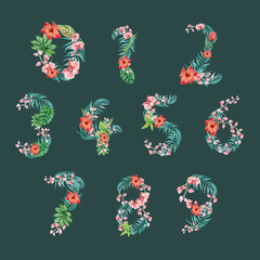 Fototapeta na wymiar Tropical Alphabet San-serif font typographic design summer with plants foliage concept,creative watercolor vector illustration design