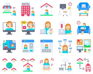 Work from home icon set, female version