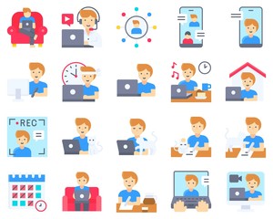 Work from home icon set, male version