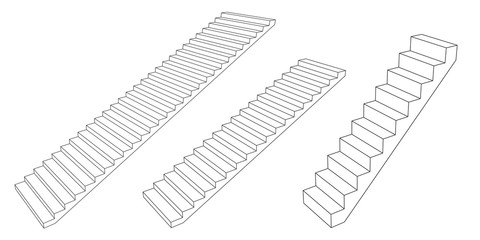 Stairway set. 3d Vector outline illustration. Isolated on white background.