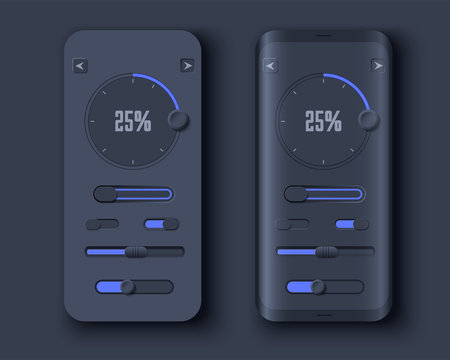 Neumorph UI Kit On Sample Smartphone Screen. Volume Knob With Slider Bar And Switches. Dark Color Set. Skeuomorph Trend Design. Workflow UX Smart Technology Applications. Vector Illustration.