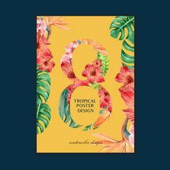 Tropical Poster design summer with plants foliage exotic, creative watercolor vector illustration template design