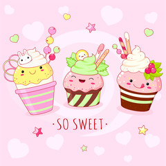 Funny background with cute sweet foods in kawaii style