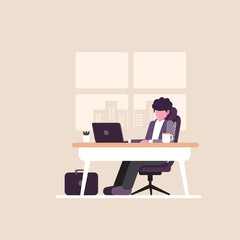 Working at Home Office, Character Sitting at Desk in Room, Looking at Computer Screen, Vector Illustration