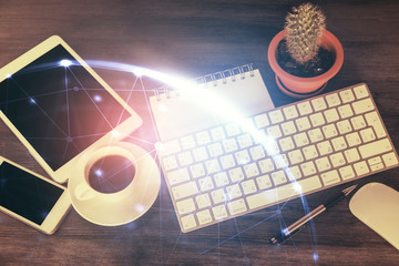 Double exposure of social network theme drawing over table with phone. Top view. People connecting concept.