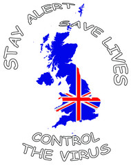 Obraz na płótnie Canvas Revised United Kingdom government virus prevention message designed to commence unlocking the economy on UK map isolated on white background