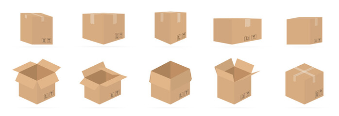 Set of carton delivery packaging open and closed box with fragile signs on a white background with natural colors. Each box is grouped and isolated easy to use and edit. Box mockup Vector Illustration