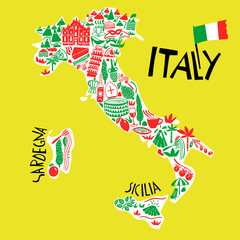 Vector hand drawn stylized map of Italy. Travel illustration of Italian Republic landmarks. Hand drawn lettering illustration. Europe mediterranean map element
