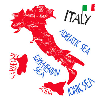 Vector hand drawn stylized map of Italian Republic. Travel illustration of Italy provinces. Hand drawn lettering illustration. Europe mediterranean map element