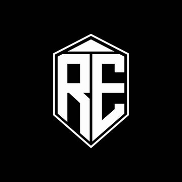RE logo monogram with emblem shape combination tringle on top design template