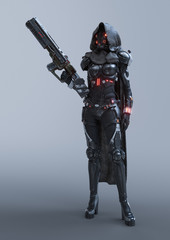 Cyborg woman stands in an attacking pose with an assault gun in one hand. Sci-fi girl in futuristic black armor suit with helmet. Futuristic soldier concept in hooded cloak. 3d render on gray backdrop © roman3d