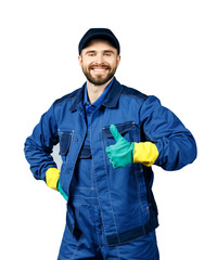 Thumb up. Young handsome man with a beard in a blue working uniform for cleaning rooms smiles...