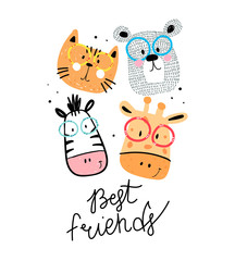best friends. cute cartoon animals, hand drawing lettering. flat style, colorful vector illustration for kids. baby design for cards, poster decoration, t-shirt print © Ann1988
