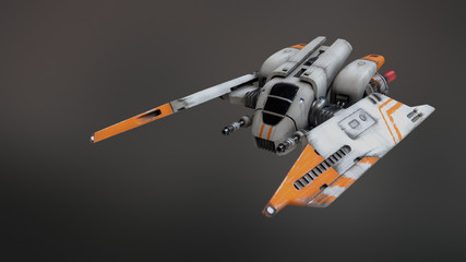 3d illustration of old scratched metal spaceship on gray background. Science fiction vehicle for space wars. Single pilot spaceship. Concept assault fighter, gunship, turbines. White orange spacecraft © roman3d