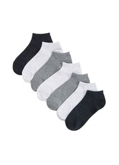 Set of short socks white, grey, black isolated on white background. Three pair of socks in different colors. Sock for sports on invisible foot as mock up for advertising, branding, design.