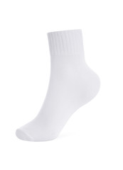 Blank white socks design mockup, isolated, clipping path. Pair sport crew cotton sock wear mock up. Long clear soft cloth stand presentation. Men basketball, football, tennis plain apparel template.