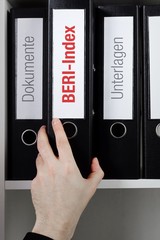 BERI-Index – Finanzen/Statistik. Ordner im Büro-Regal. Hand greift Unterlagen im Schrank. Beschriftung mit Wort