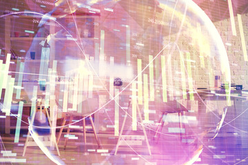 Double exposure of business theme drawing and office interior background. Concept of success