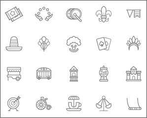 Set of carnival and amusement park Icons line style. It contains such Icons as circus, magic, party, festival, decoration, fair, rides, playground, card and other elements.