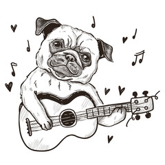 pug dog playing guitar illustration, hand drawn sketch design print