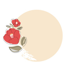 Vector hand-drawn illustration of red Japanese Camellia with petals. Space for the text in the circle. Elements are isolated on a white background.