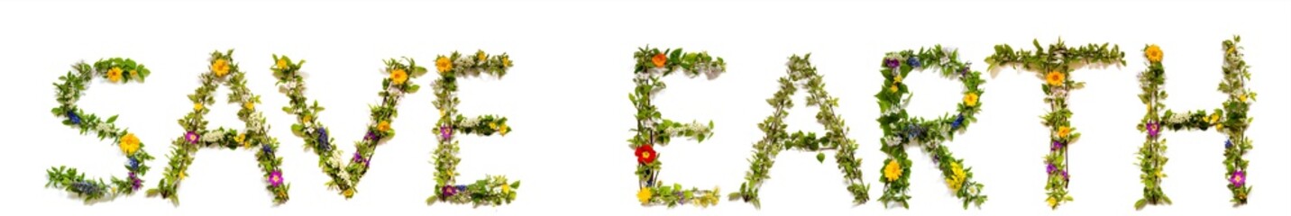 Flower, Branches And Blossom Letter Building English Word Save Earth. White Isolated Background