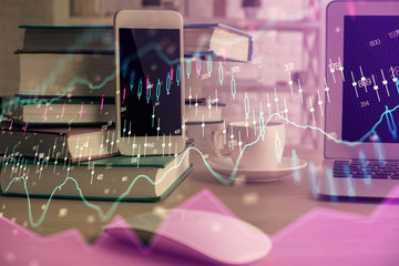 Double exposure of financial graph drawing and cell phone background. Concept of forex trading