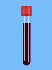 A single test tube with a blood sample on the blue medical background