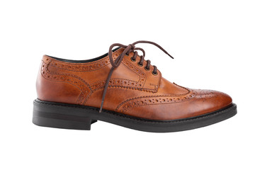 Classic brown men's oxfords shoes, with Derby type lacing, isolated on a white background, casual shoes for office