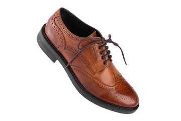 Classic brown men's oxfords shoes, with Derby type lacing, isolated on a white background, casual shoes for office