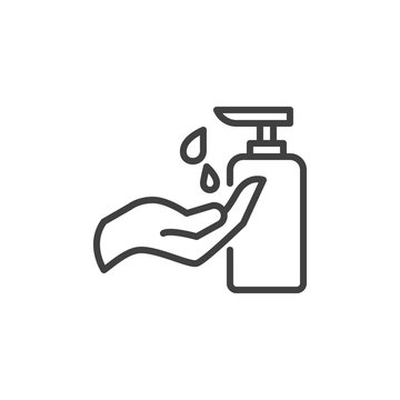 Hand and sanitizer gel bottle line icon. linear style sign for mobile concept and web design. Hand with Liquid soap outline vector icon. Symbol, logo illustration. Vector graphics