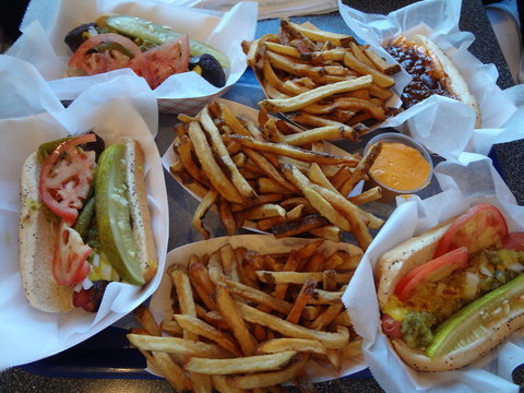 High Angle View Of Fast Food Served On Table