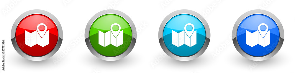 Fototapete marker silver metallic glossy icons, map, location and travel concept set of modern design buttons f
