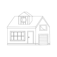 Isolated house close-up, black outline, white background, vector illustration, design, coloring